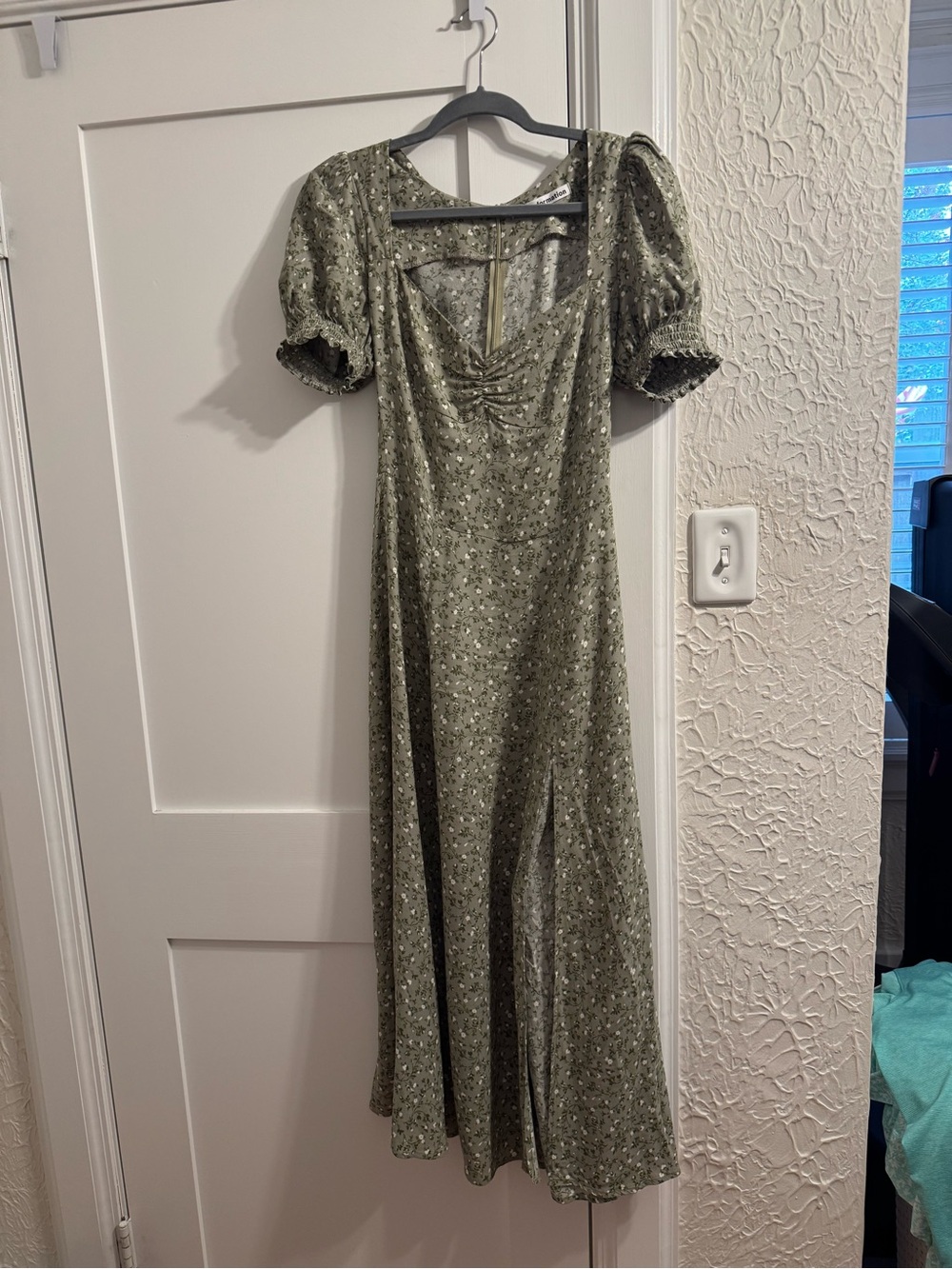 Reformation Olive Green Floral Puff-Sleeve Maxi Dress
